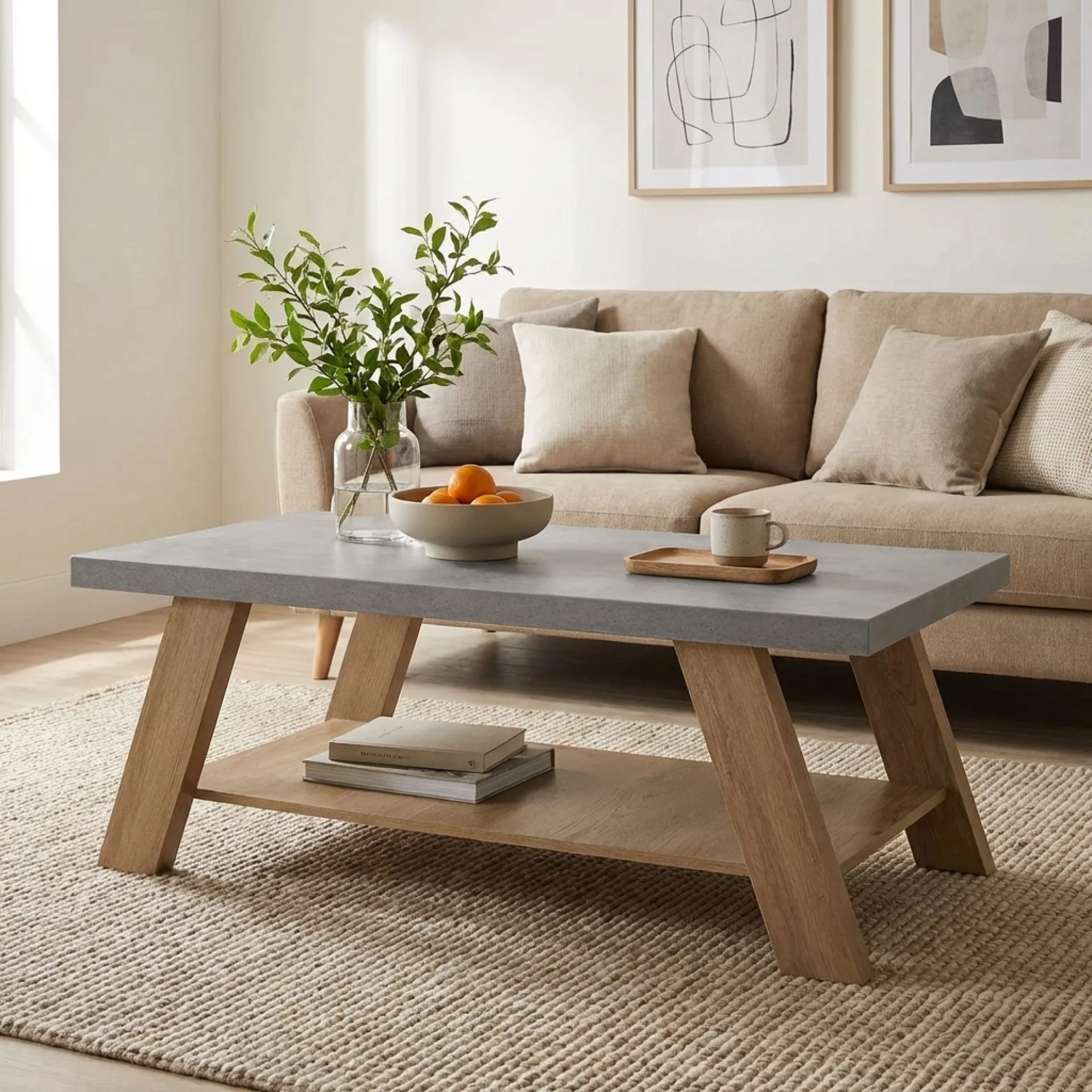 Tommie Rectangular Coffee Table - Cement + Oak - Image 2