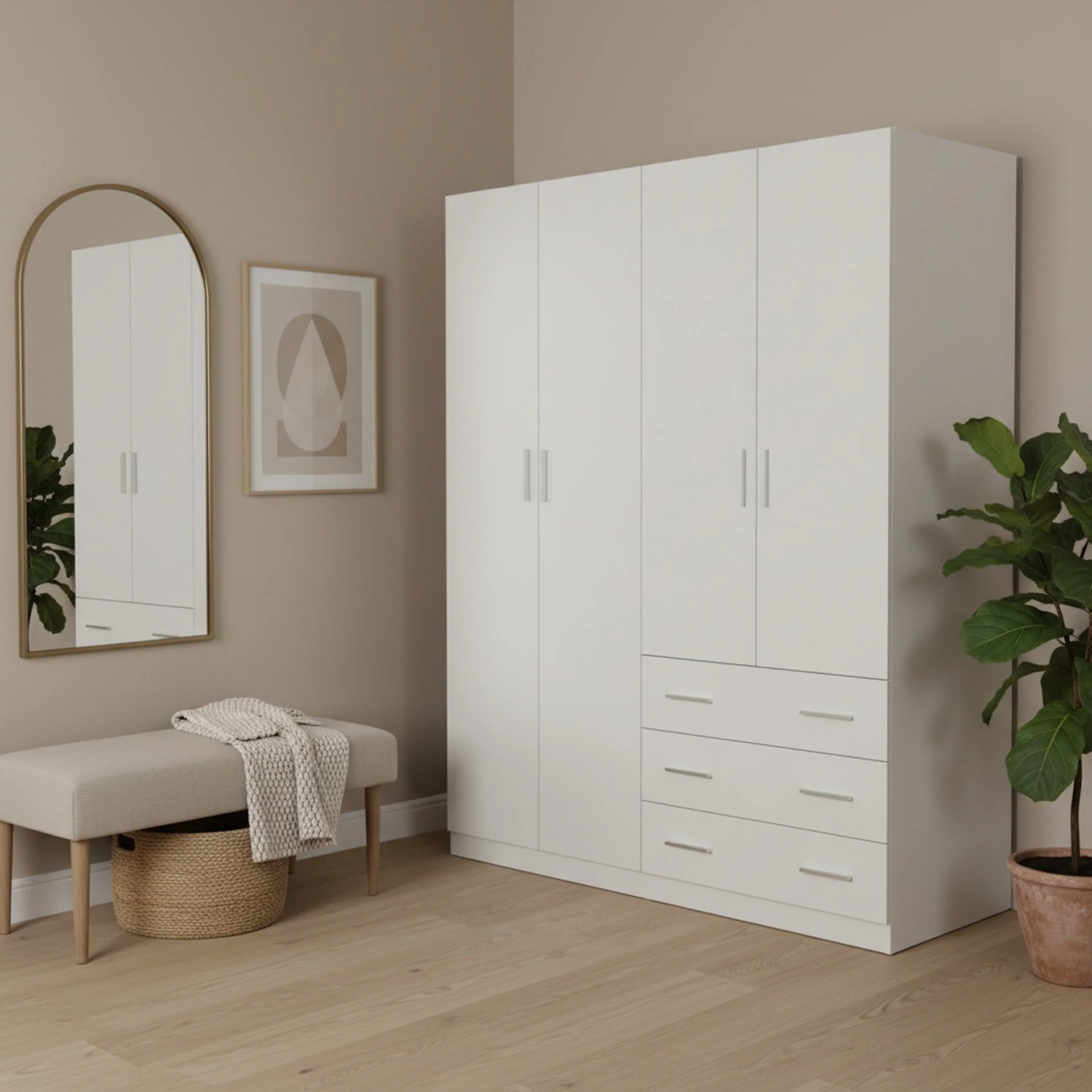 Tongass 4 Door Wardrobe with 3 Drawers - White - Image 3