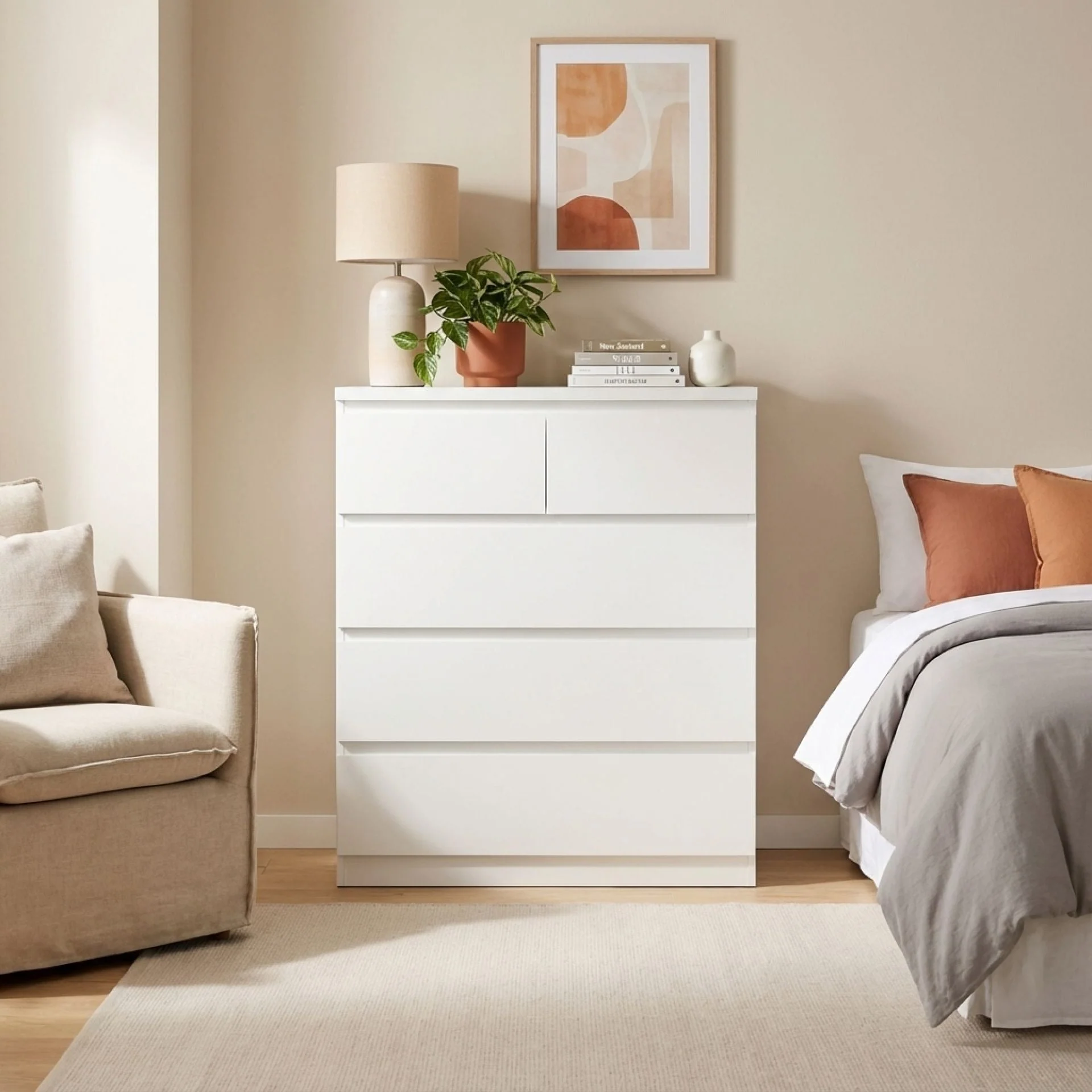 Tongass Wooden Tallboy 5 Drawers - White