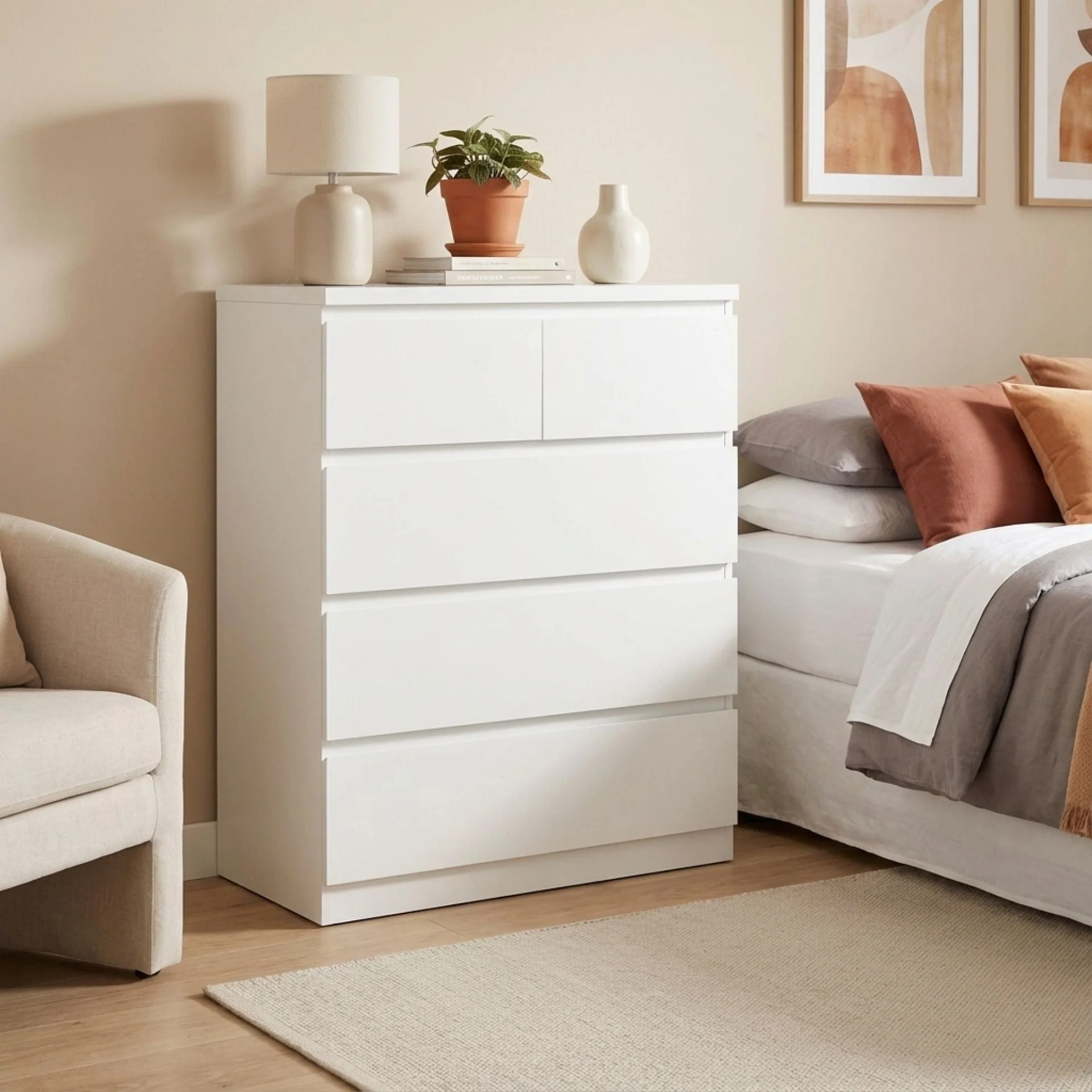 Tongass Wooden Tallboy 5 Drawers - White - Image 3