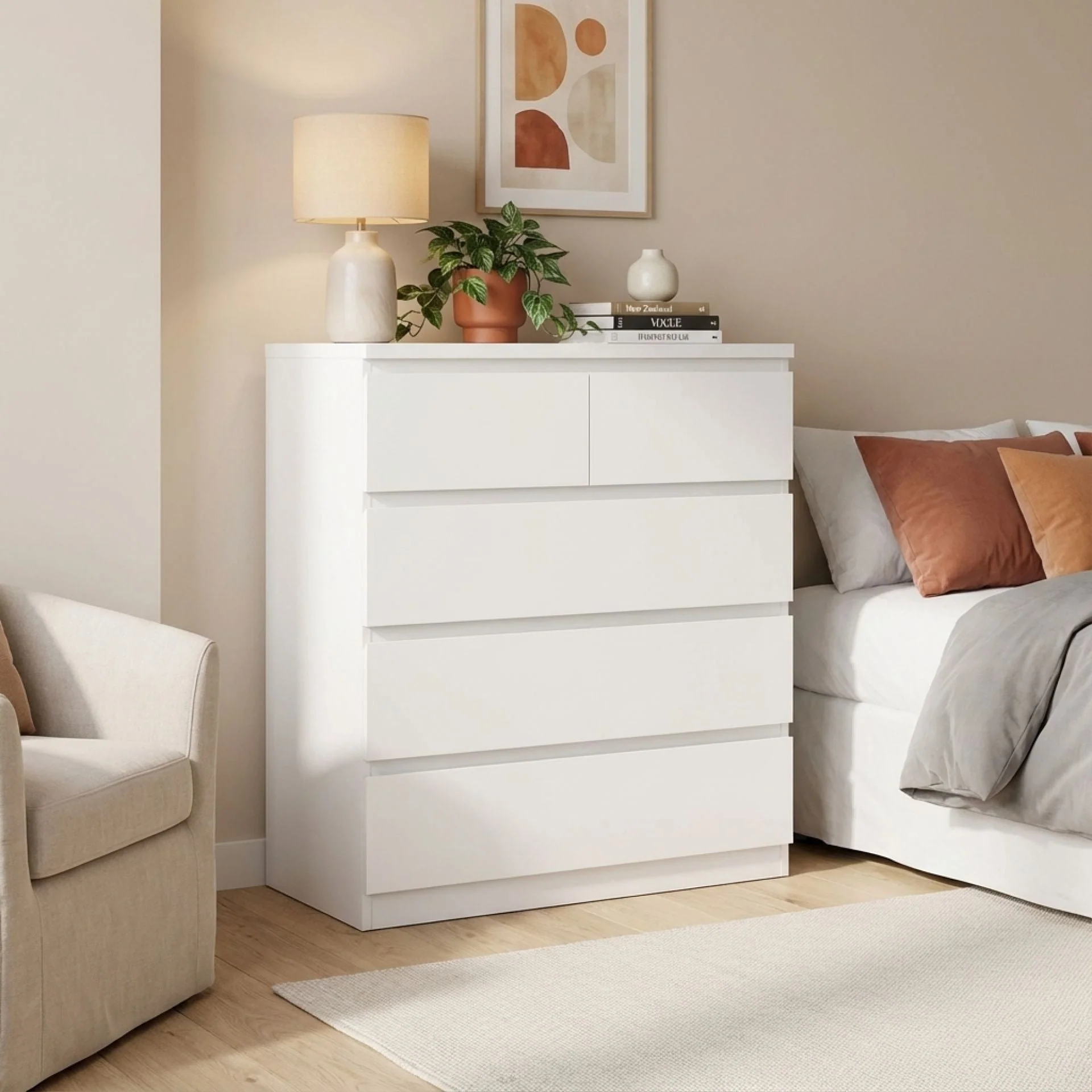 Tongass Wooden Tallboy 5 Drawers - White - Image 4