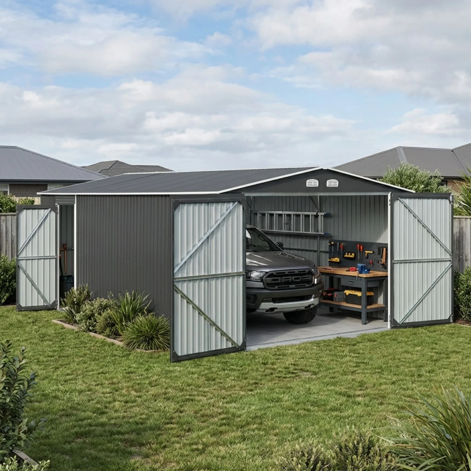 ToughOut Outdoor Garage 19'x12' ft - 6.02m x 3.86m x 2.37m - Charcoal