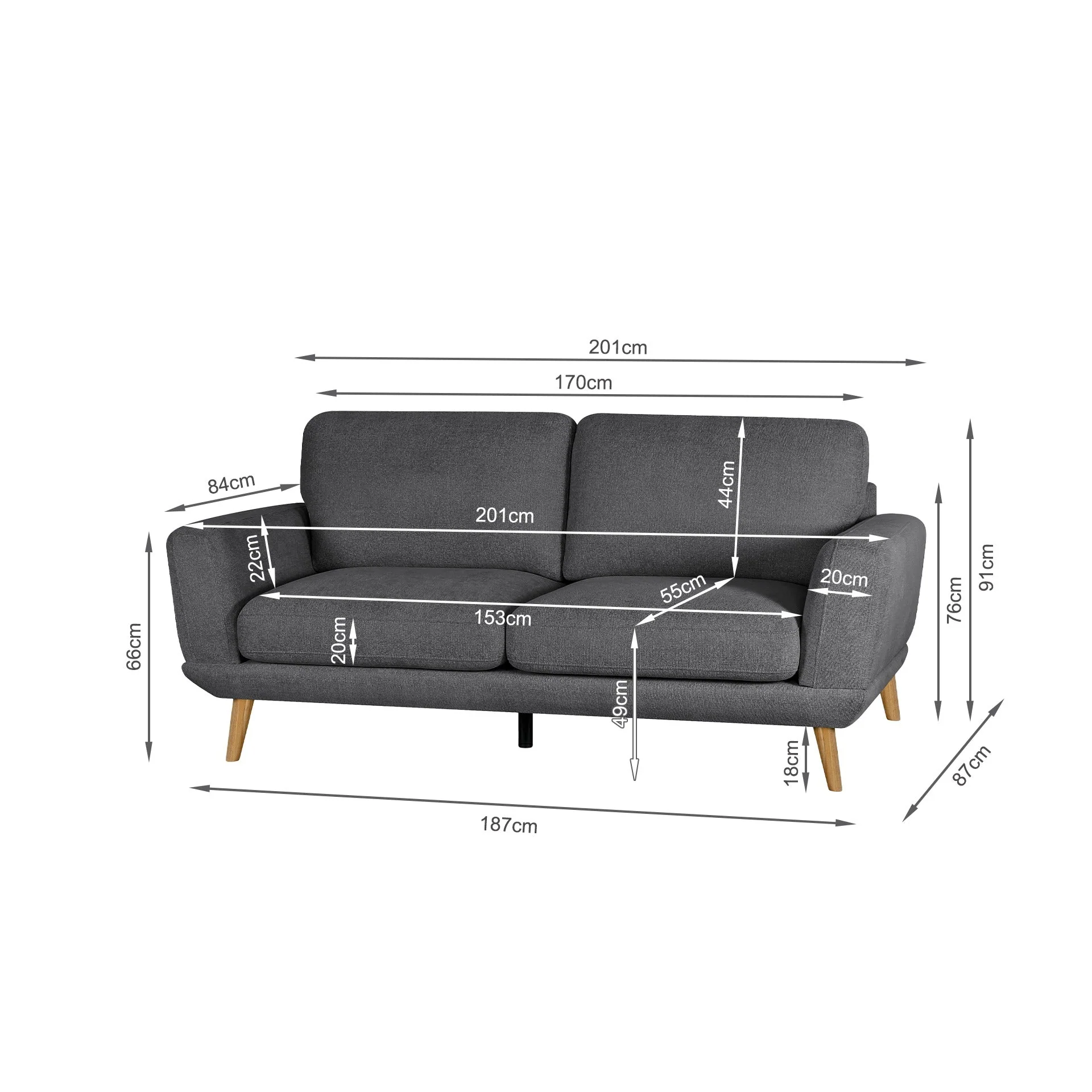 Tova Chenille 3 Seater Sofa - Dark Grey - Image 12