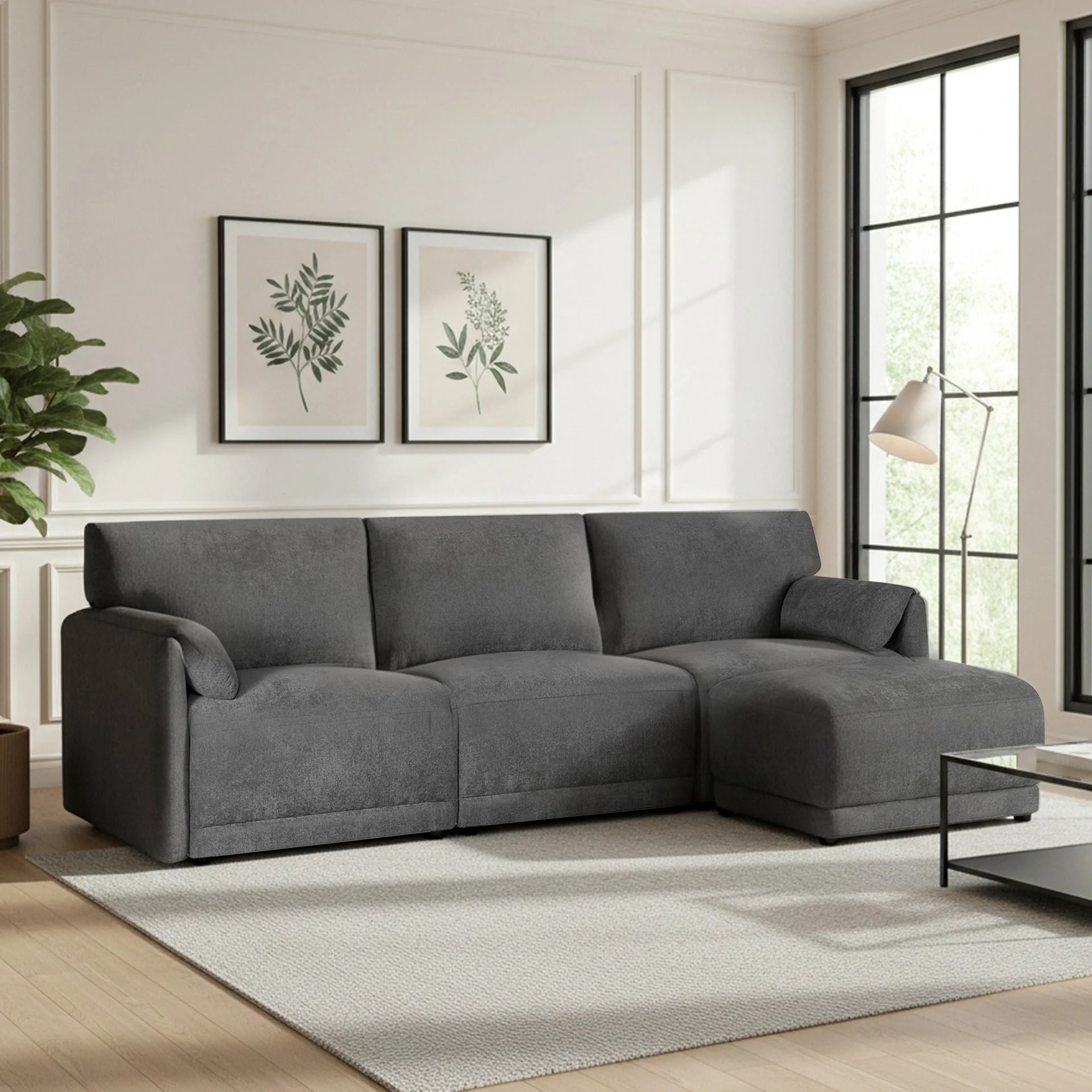 Velvo 3 Seater Modular Sofa with Ottoman - Dark Grey - Image 2