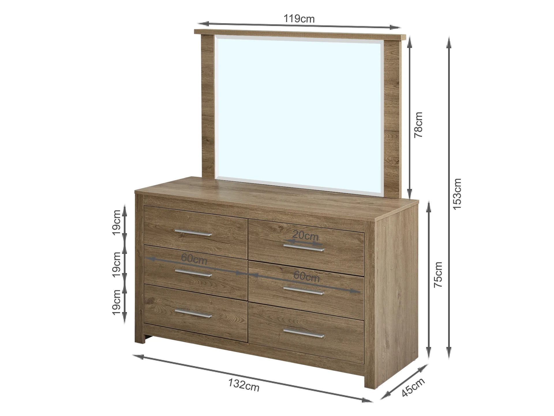 Vicente Low Boy 6 Drawers Chest Dresser with Mirror - Oak - Image 10