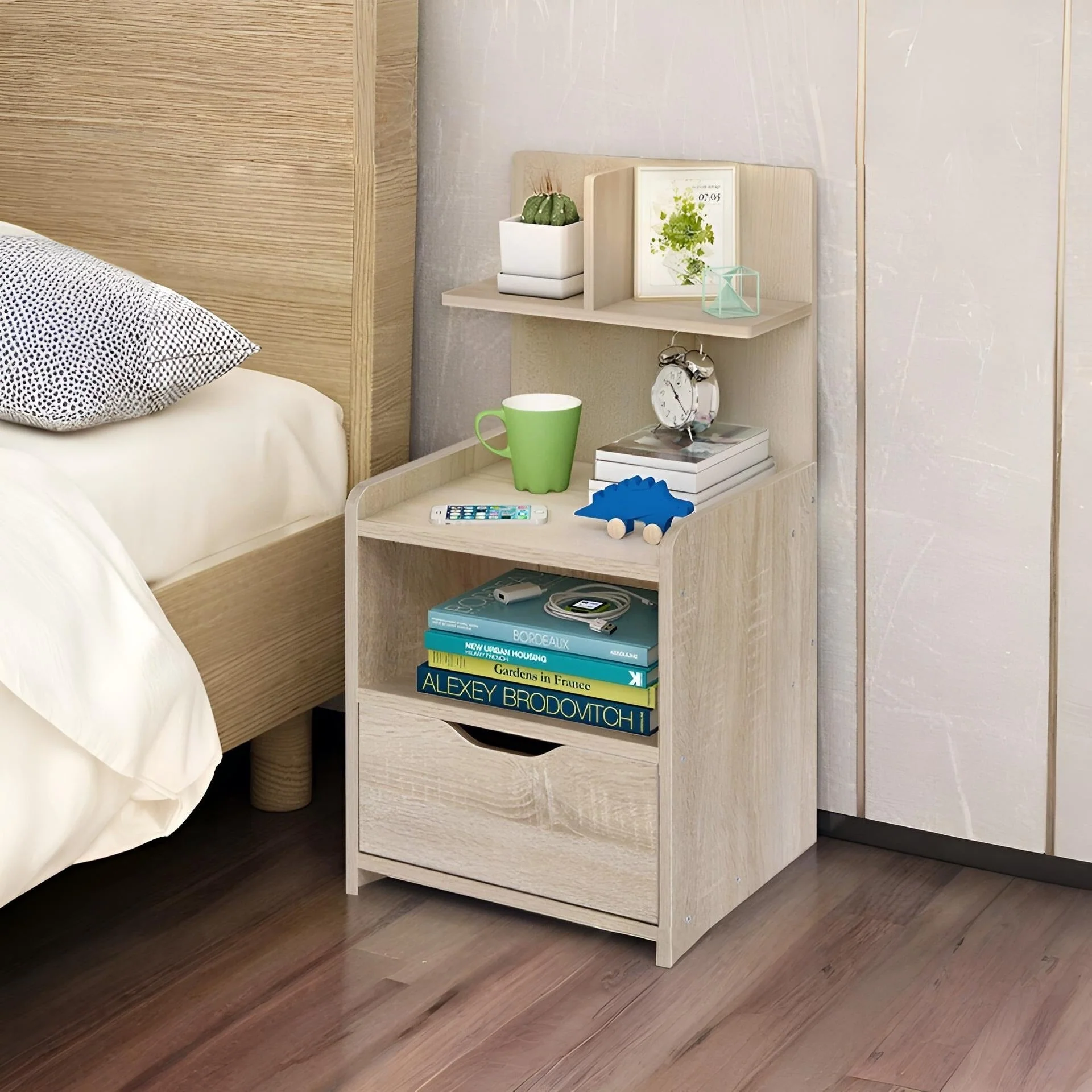 Vivian Bedside Table with Shelves - Oak