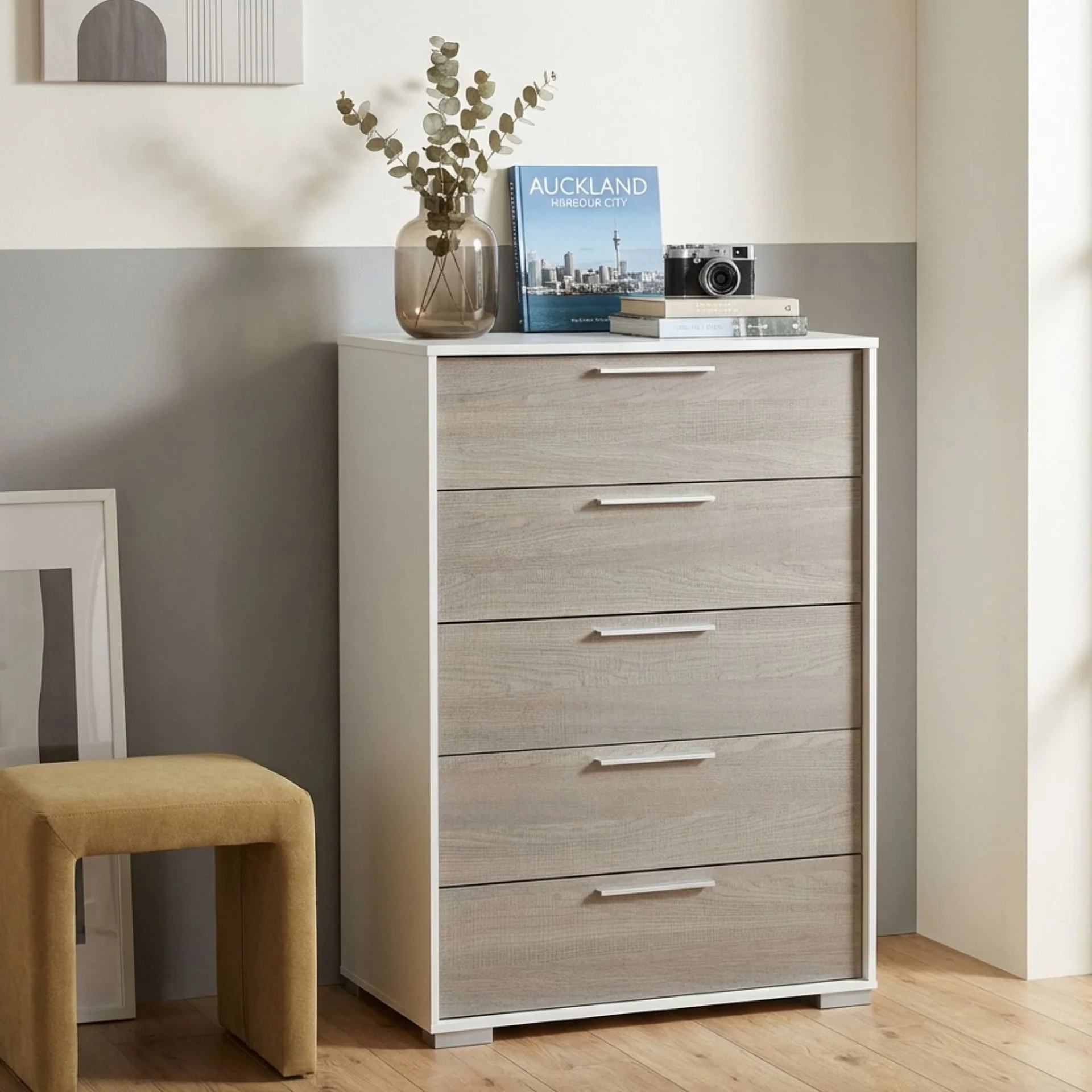 Waipoua 5 Drawer Tallboy - Grey Oak