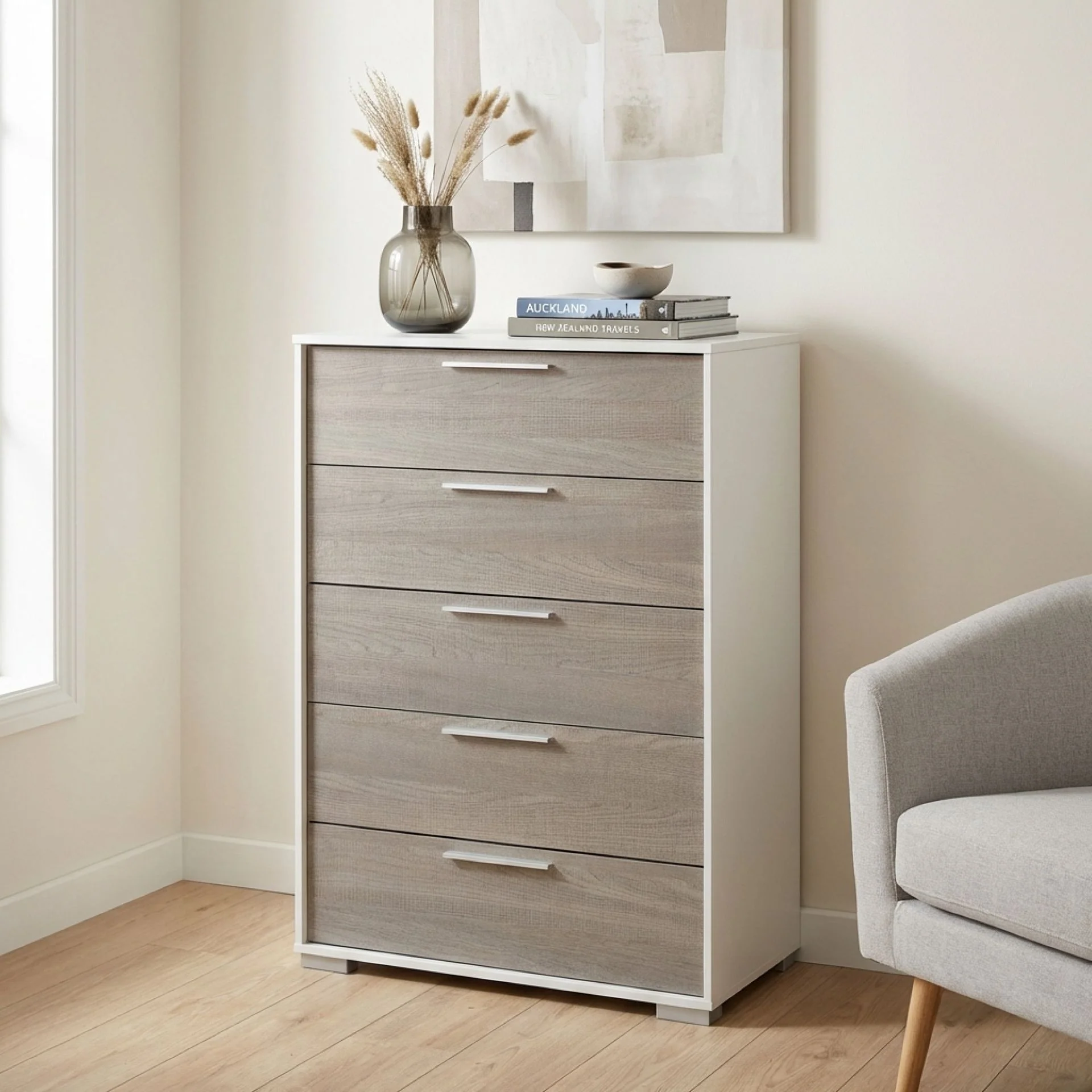 Waipoua 5 Drawer Tallboy - Grey Oak - Image 3