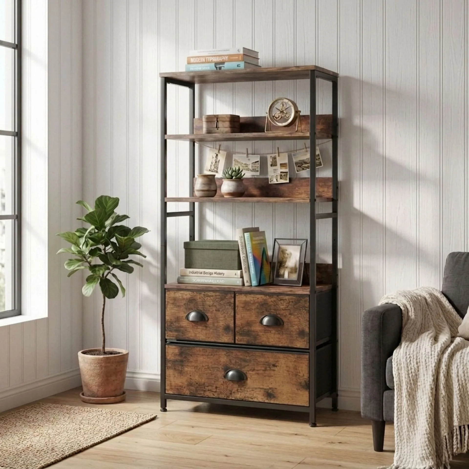 Whitby 4 Tier Storage Shelf with Drawers - Rustic Brown - Image 4
