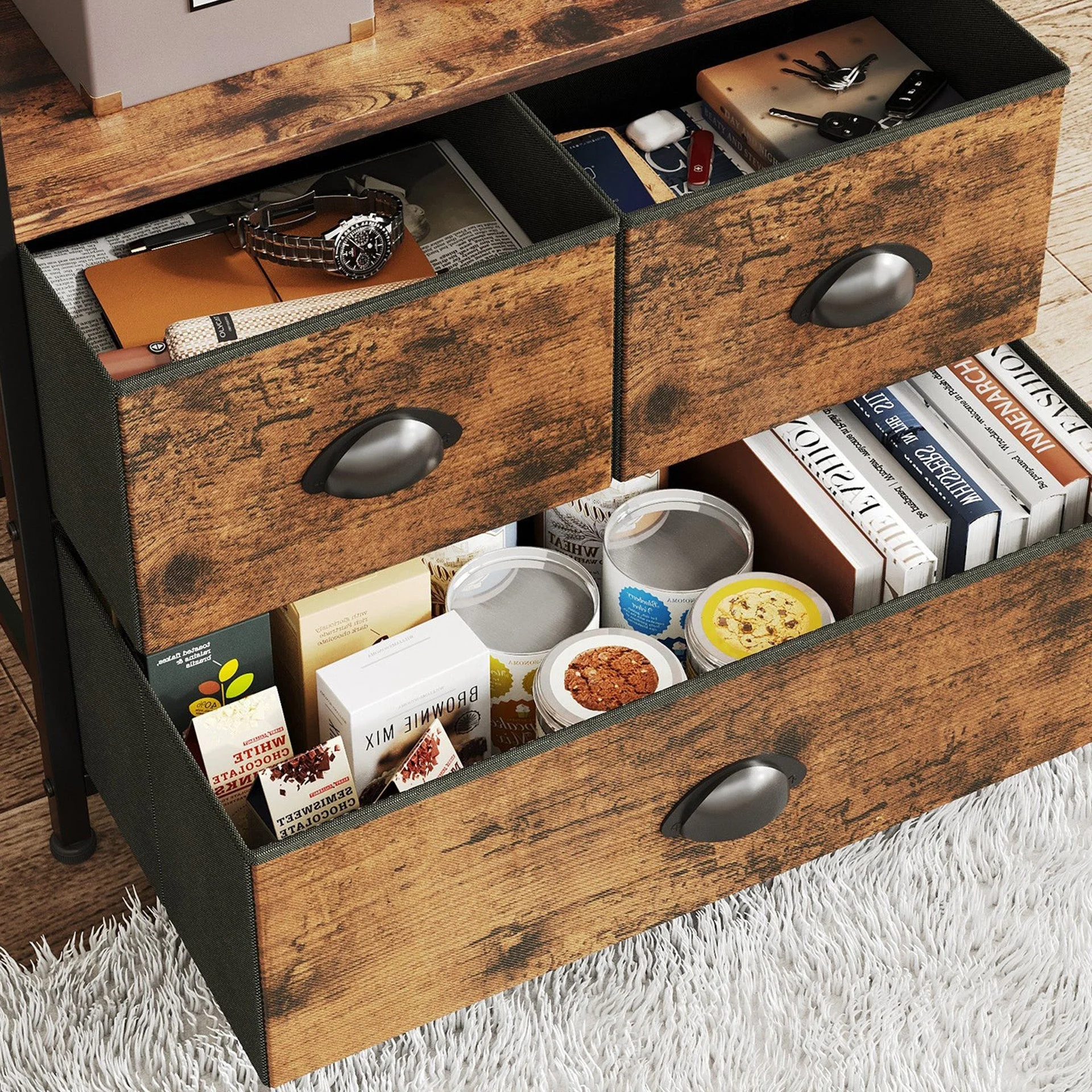 Whitby 4 Tier Storage Shelf with Drawers - Rustic Brown - Image 6