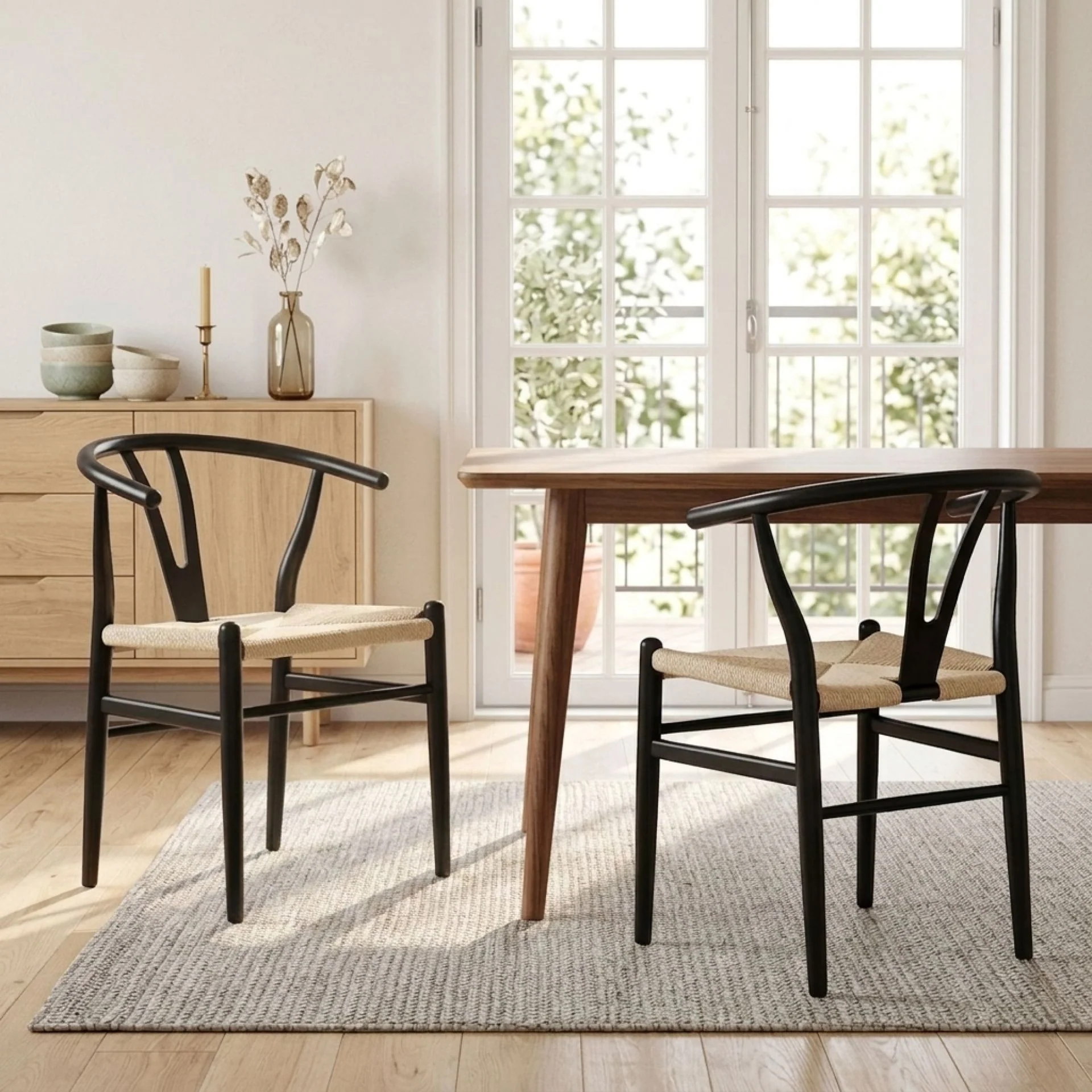 Winter Rope Seat Dining Chair Wishbone Chair Replica - Set of 2 - Black