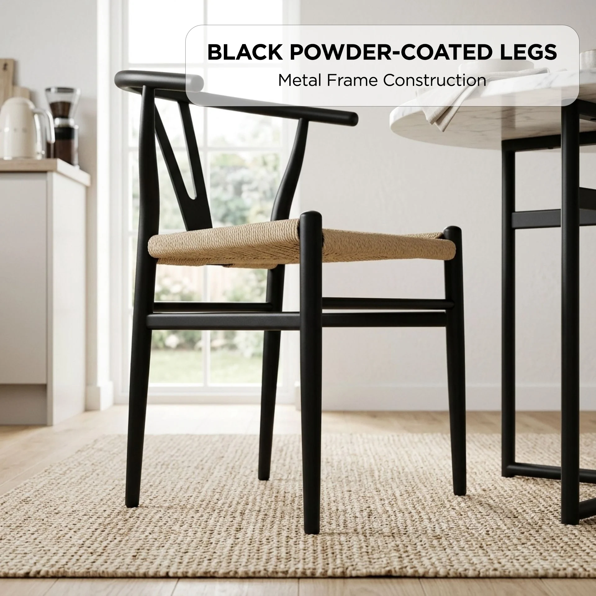 Winter Rope Seat Dining Chair Wishbone Chair Replica - Set of 2 - Black - Image 6