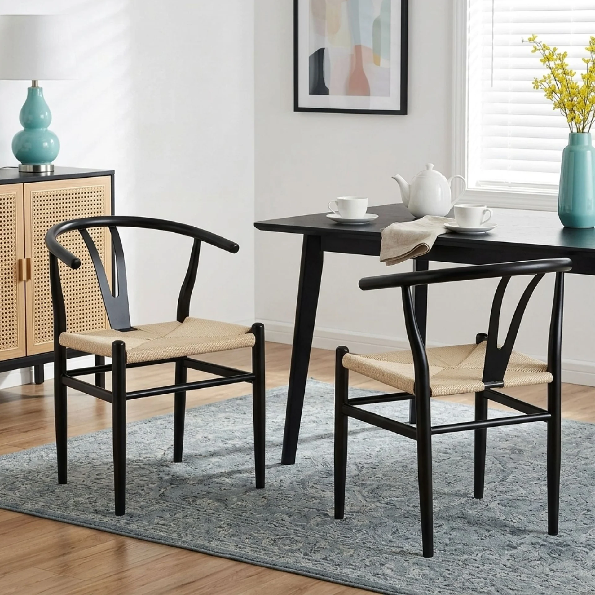 Winter Rope Seat Dining Chair Wishbone Chair Replica - Set of 2 - Black - Image 8