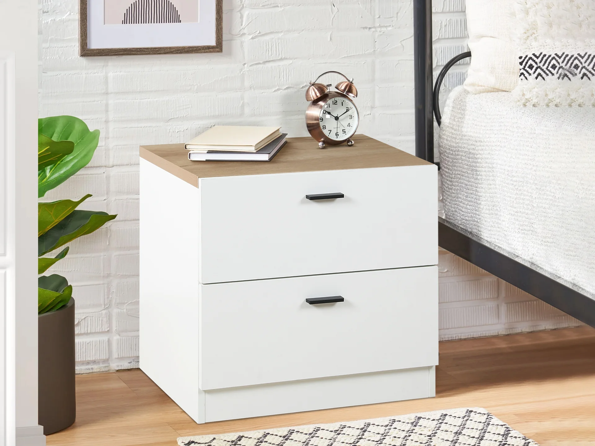 Zach Wooden Bedside Table - White + Walnut